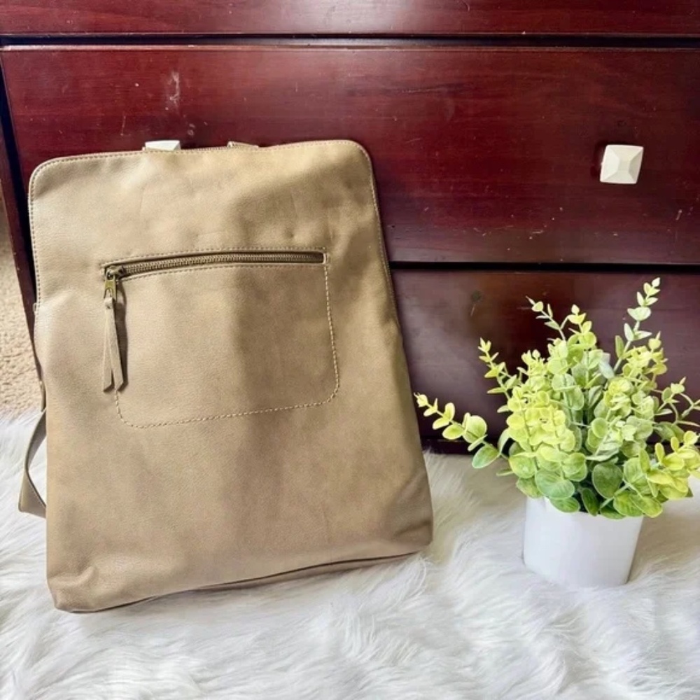 Neutral Faux Leather Backpack Minimalist Everyday‎ Military Green Travel Bag